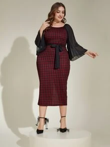 Modelyn Vestido ajustado con estampado de pata de gallo fruncido de manga con cinturón