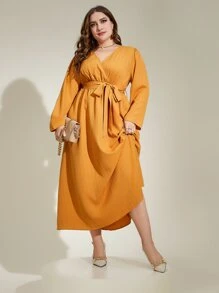 Modelyn Plus Surplice Neck Belted Dress - Mustard Yellow - View 7
