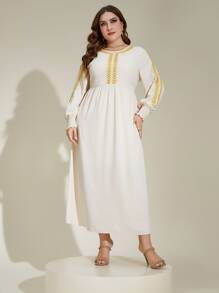 Al Najma Plus Embroidery Shirred Cuff Lantern Sleeve Dress - Apricot - View 6
