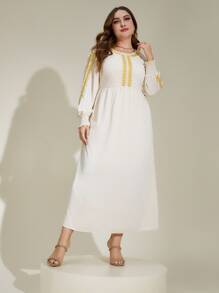 Al Najma Plus Embroidery Shirred Cuff Lantern Sleeve Dress - Apricot - View 7