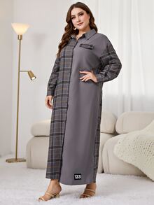 Mulvari Vestido camisero con estampado de cuadros de hombros caídos - Gris Oscuro - Ver 3