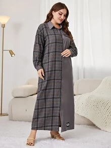 Mulvari Vestido camisero con estampado de cuadros de hombros caídos - Gris Oscuro - Ver 4