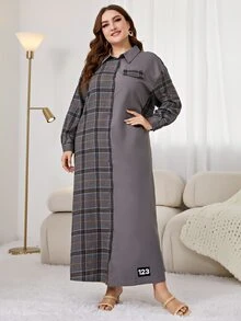 Mulvari Vestido camisero con estampado de cuadros de hombros caídos - Gris Oscuro - Ver 5