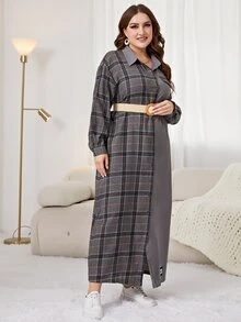 Mulvari Vestido camisero con estampado de cuadros de hombros caídos - Gris Oscuro - Ver 6