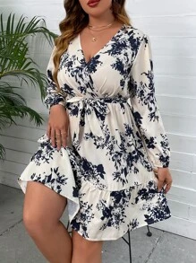 SHEIN Clasi Đầm Plus Size Trọn gói Thắt lưng Viên lá sen Hoa Boho - Nhiều màu - Xem 1