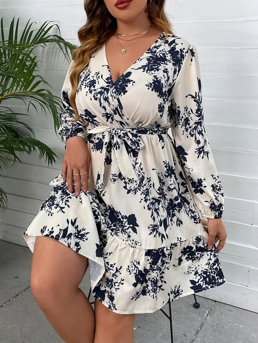SHEIN Clasi Đầm Plus Size Trọn gói Thắt lưng Viên lá sen Hoa Boho - Nhiều màu - Xem 1