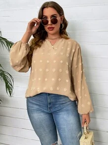 SHEIN LUNE Plus Swiss Dot Lantern Sleeve Blouse - Khaki - View 1