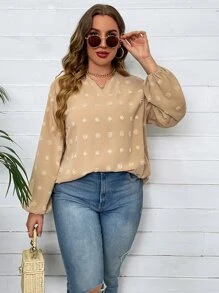 SHEIN LUNE Plus Swiss Dot Lantern Sleeve Blouse - Khaki - View 3