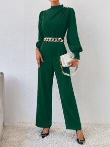 SHEIN Clasi Mock Neck Lantern Sleeve Zip Back Jumpsuit Without Belt - Dark Green - View 1