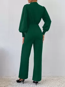 SHEIN Clasi Mock Neck Lantern Sleeve Zip Back Jumpsuit Without Belt - Dark Green - View 2