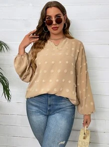 SHEIN LUNE Plus Swiss Dot Lantern Sleeve Blouse - Khaki - View 5