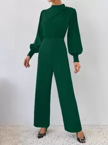 SHEIN Clasi Mock Neck Lantern Sleeve Zip Back Jumpsuit Without Belt - Dark Green - View 4