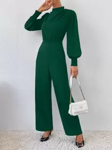 SHEIN Clasi Mock Neck Lantern Sleeve Zip Back Jumpsuit Without Belt - Dark Green - View 5