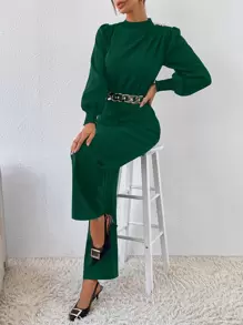 SHEIN Clasi Mock Neck Lantern Sleeve Zip Back Jumpsuit Without Belt - Dark Green - View 6