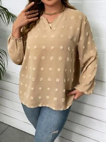 SHEIN LUNE Plus Swiss Dot Lantern Sleeve Blouse - Khaki - View 7