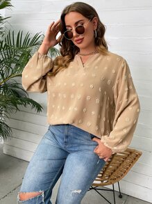 SHEIN LUNE Plus Swiss Dot Lantern Sleeve Blouse - Khaki - View 8