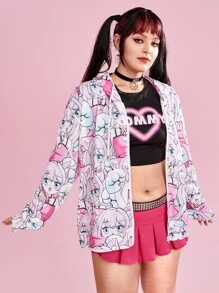 ROMWE Anime Plus Size Figure Graphic Zip Up Sweatshirt - Multicolor - View 1