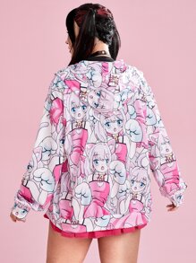 ROMWE Anime Plus Size Figure Graphic Zip Up Sweatshirt - Multicolor - View 2