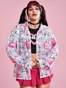 ROMWE Anime Plus Size Figure Graphic Zip Up Sweatshirt - Multicolor - View 3