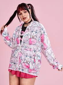 ROMWE Anime Plus Size Figure Graphic Zip Up Sweatshirt - Multicolor - View 4