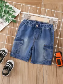 Baby Boy Flap Pocket Cargo Denim Shorts - Dark Wash - View 1