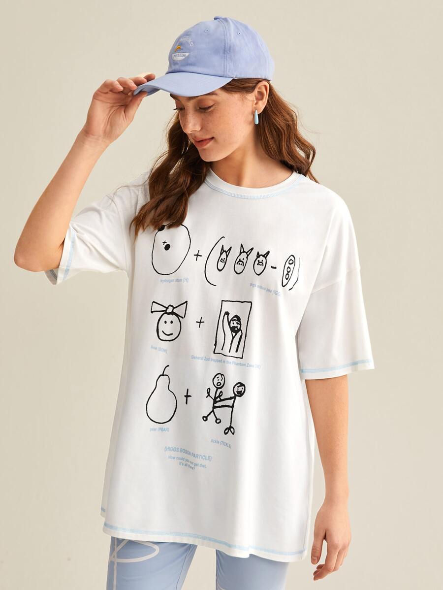 THE BIG BANG THEORY X SHEIN 標語和卡通圖案落肩T恤 - 白色 - 查看 1