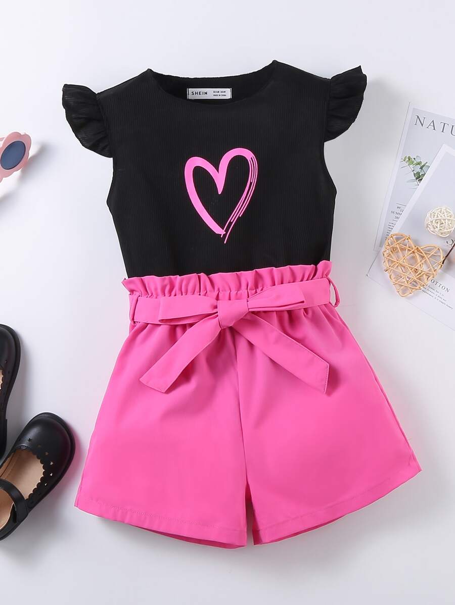 SHEIN Bộ hai mảnh Gái Xù Quần paper-bag Tim Dễ thương - Nhiều màu - Xem 1