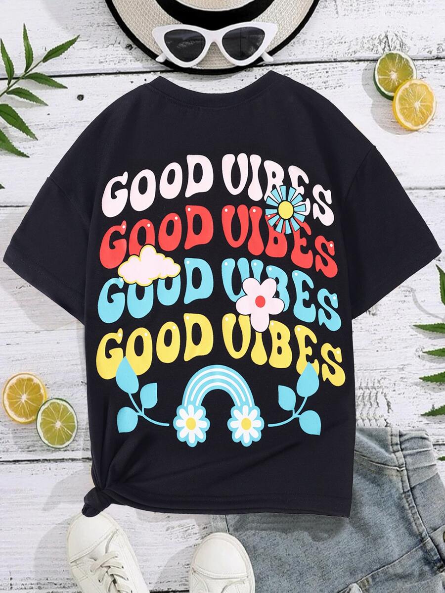 Girls Floral & Slogan Graphic Tee - Black - View 1