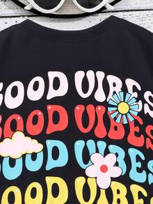Girls Floral & Slogan Graphic Tee - Black - View 7