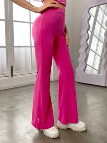SHEIN EZwear High Waist Split Hem Flare Leg Trousers - Hot Pink - View 1