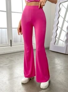 SHEIN EZwear High Waist Split Hem Flare Leg Trousers - Hot Pink - View 3
