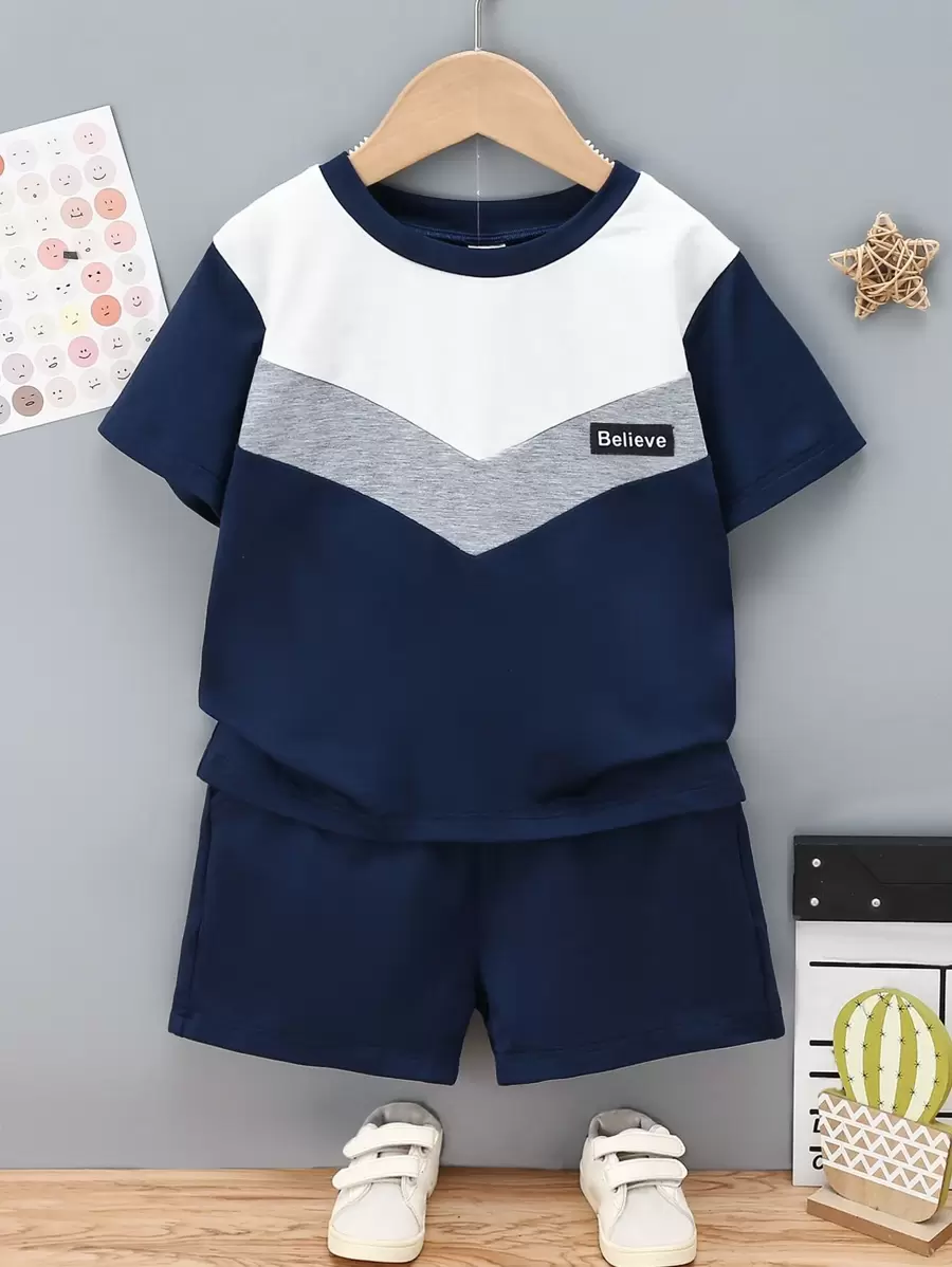 SHEIN Toddler Boys Letter Patched Colourblock Chevron Tee & Shorts - Multicolor - View 1