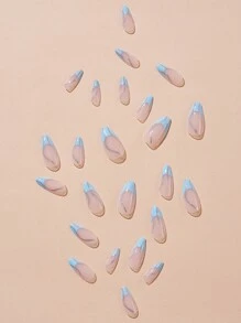 提升你風格帶24入組長款杏仁藍色法語水鑽撞色假指甲和1入組指甲銼和1張膠帶 - 彩色 - 查看 3