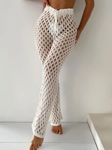 SHEIN Swim Summer Beach Hollow Out Drawstring Waist Crochet Flare Leg Pants Without Panty - White - View 5