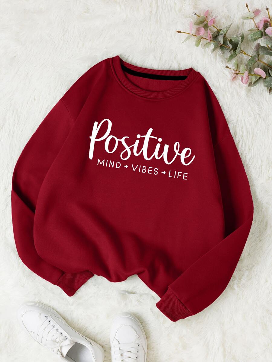 SHEIN LUNE Letter Graphic Drop Shoulder Thermal Sweatshirt - Burgundy - View 1