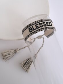 Letter Embroidered Tassel Decor Bracelet - Black and White - View 2