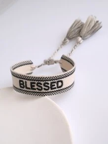 Letter Embroidered Tassel Decor Bracelet - Black and White - View 4