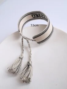 Letter Embroidered Tassel Decor Bracelet - Black and White - View 5