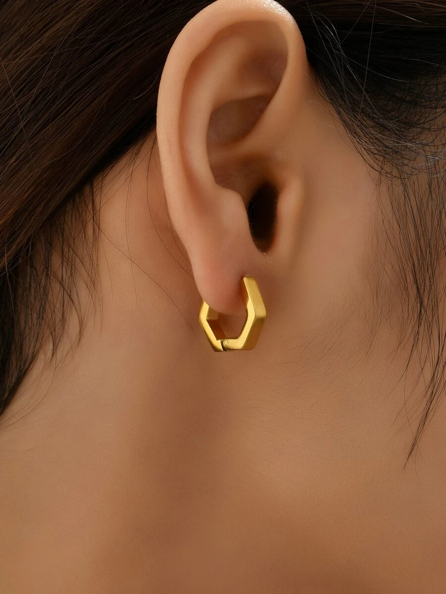 Geometric Design Hoop Earrings - Yellow Gold - View 1