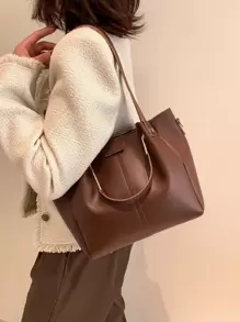 極簡手提托特包 - 棕色 - 查看 2