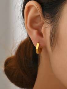 Geometric Design Hoop Earrings - Yellow Gold - View 3