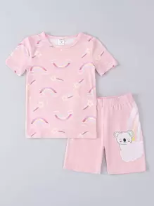 Young Girl Rainbow & Cartoon Graphic Snug Fit PJ Set - Pink - View 1