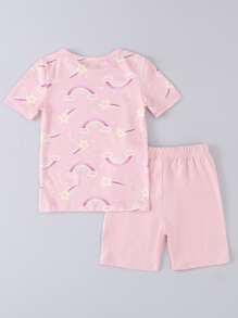 Young Girl Rainbow & Cartoon Graphic Snug Fit PJ Set - Pink - View 2