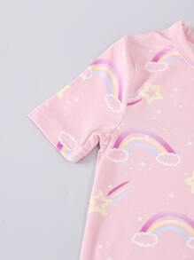 Young Girl Rainbow & Cartoon Graphic Snug Fit PJ Set - Pink - View 3