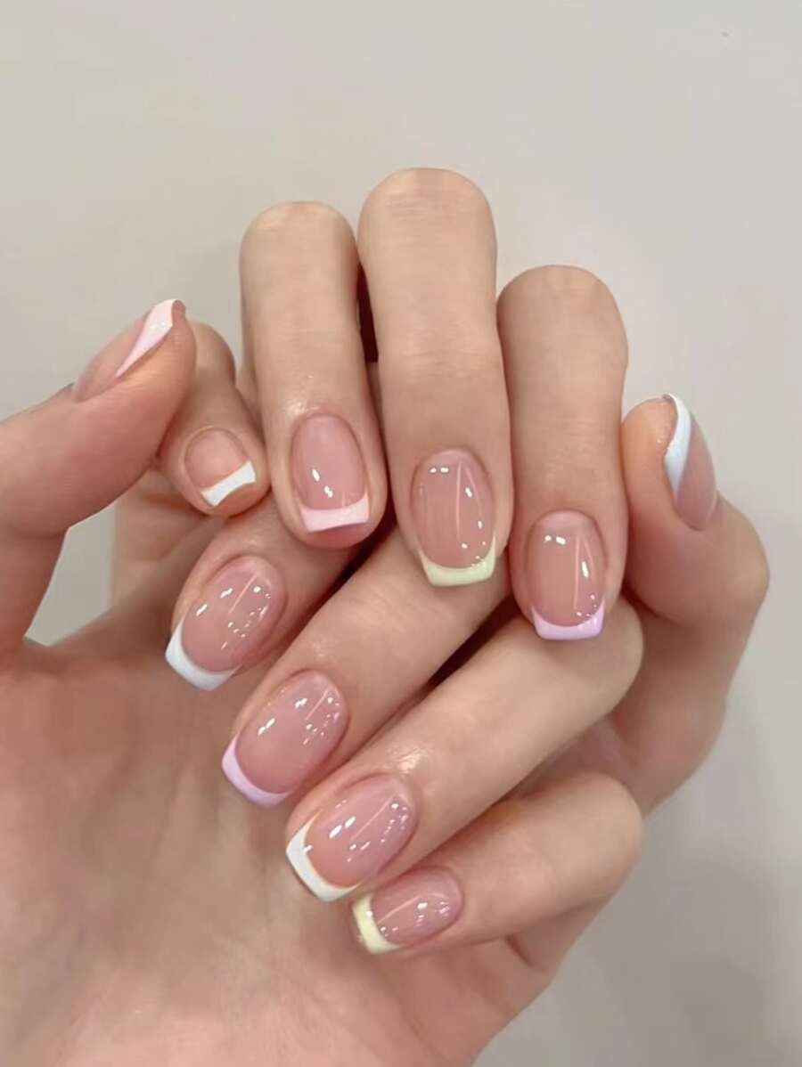 24 Short Square Ramadan French Style Fingernail Patches With 1 Jelly Patch And 1 File Strip Press On Nails Nail Supplies - Multicolor - View 1