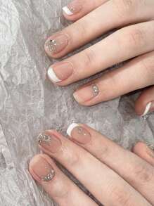 Transforme sus uñas con 24 piezas de uñas postizas de decoración de diamantes de imitación 3D con brillo francés blanco cuadrado corto y 1 lima de uñas y 1 hoja de cinta - Multicolor - Ver 1