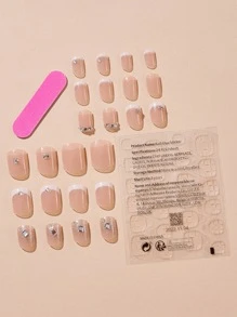 Transforme sus uñas con 24 piezas de uñas postizas de decoración de diamantes de imitación 3D con brillo francés blanco cuadrado corto y 1 lima de uñas y 1 hoja de cinta - Multicolor - Ver 2