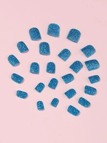 Elevate Your Style with 24pcs short shuare Glitter full cover false nail for women and girls - Navy Blue - View 2