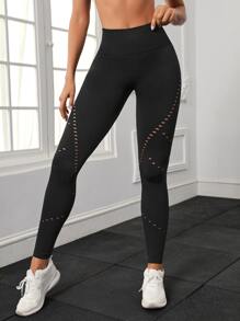 Easithlete Yoga Tights Tummy Control Hollow Out Wideband Waist Athletic Leggings - Black - View 3