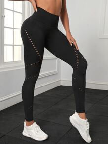 Easithlete Yoga Tights Tummy Control Hollow Out Wideband Waist Athletic Leggings - Black - View 4